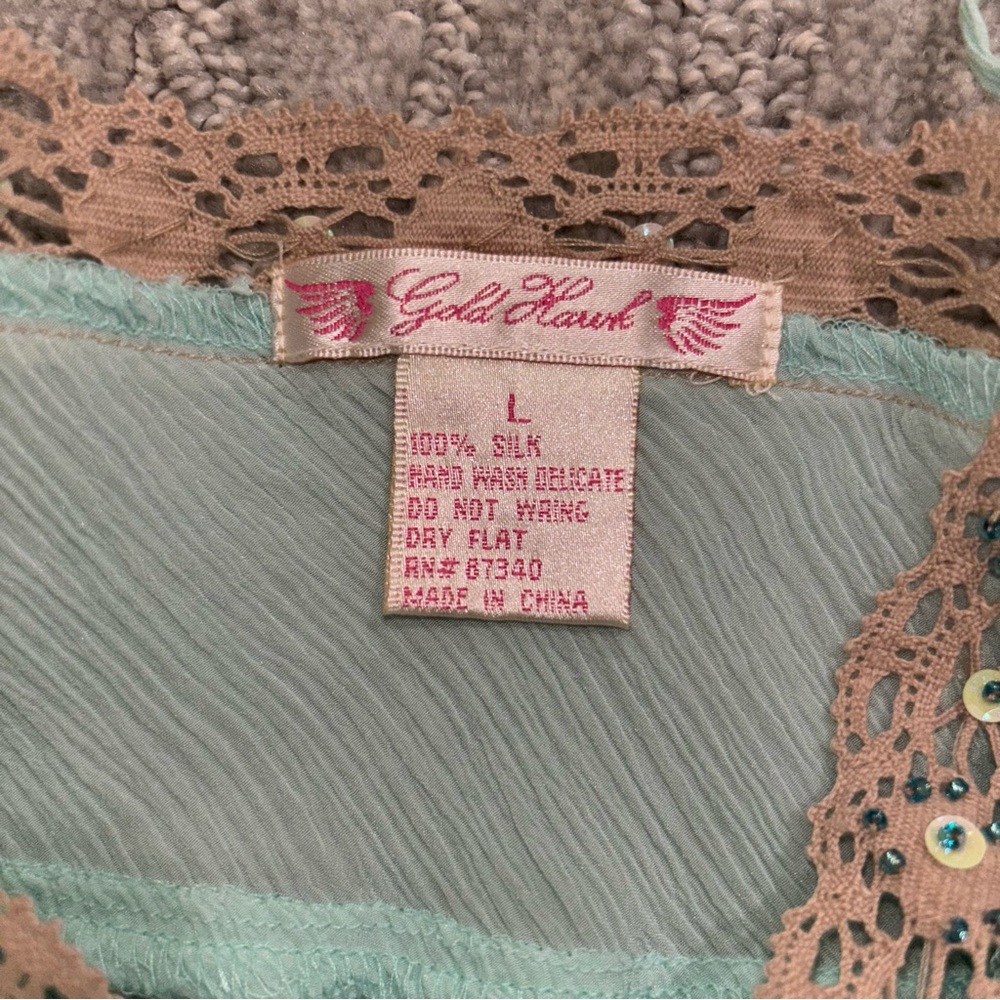 NWT Gold Hawk 100% Silk Beaded Lace Trim Camisole Tiffany Boho Fairy Women’s L - Picture 8 of 10